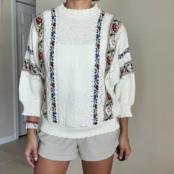 Vintage Bay Point Threads Floral Cream 3/4 Sleeve Sweater Size S - Picture 5 of 8